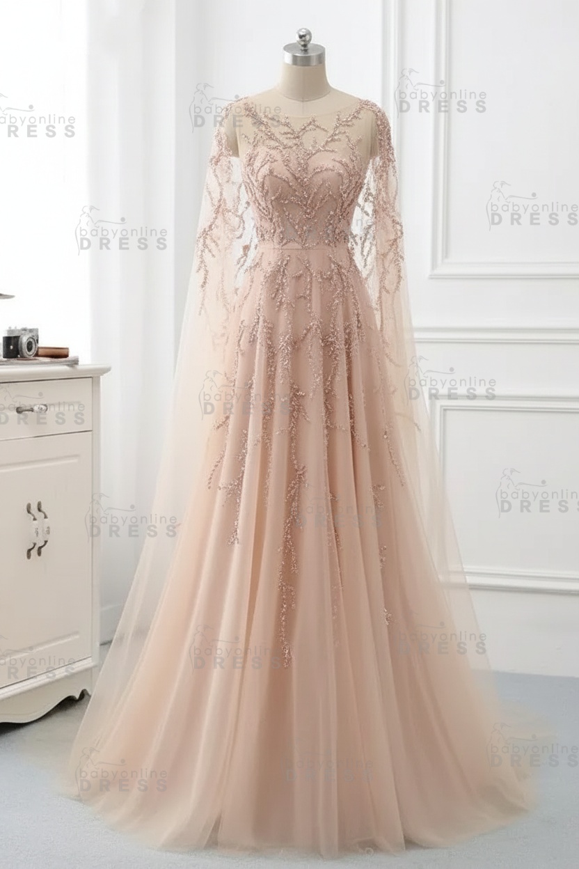 Elegant Jewel Long Sleeves Ruffle Prom Dresses with Beadings Online