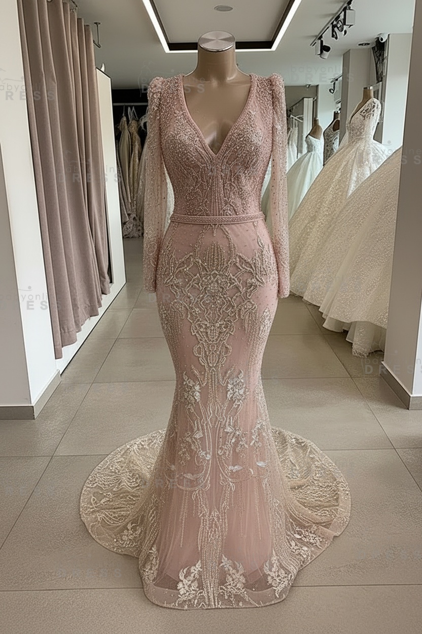 Gorgeous Mermaid Lace Beading V Neck Long Sleeves Prom Dresses | Evening Gowns With Beading Waistband
