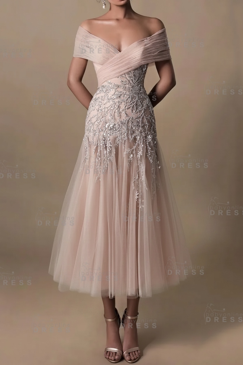 Champagne V-Neck A-Line Tea Length Prom Dress Tulle Mother of the Bride Dress