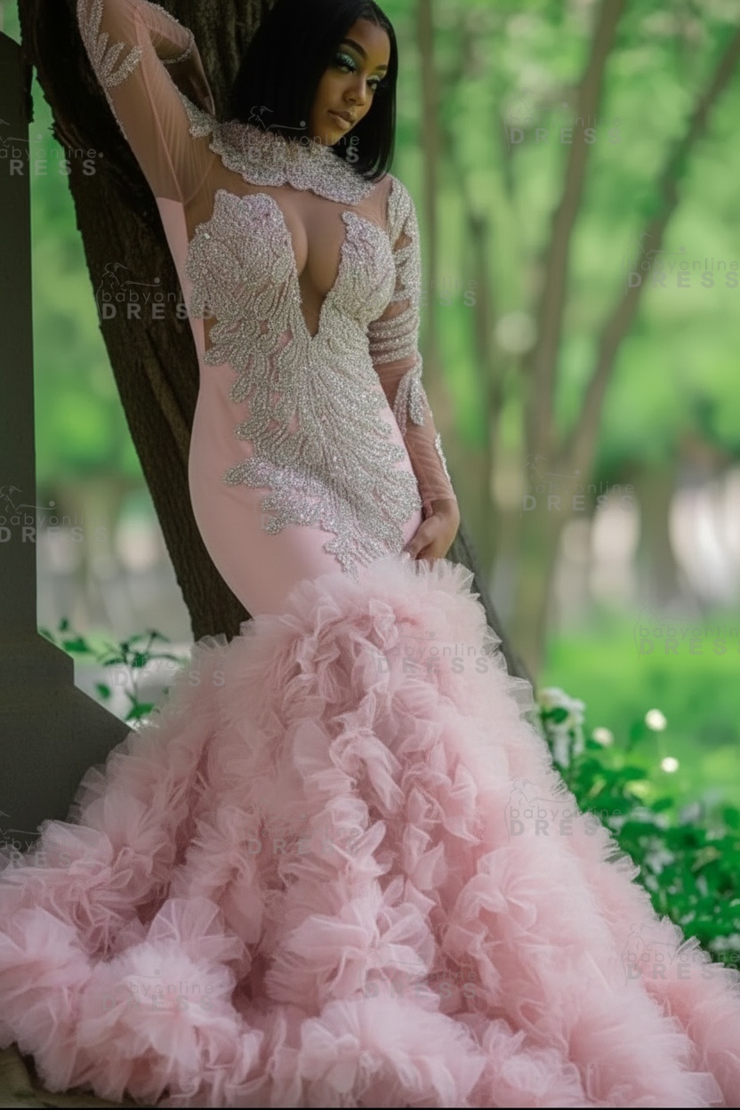 Glamorous Slim Mermaid Evening Gowns with sleeves Beadings Prom Dress