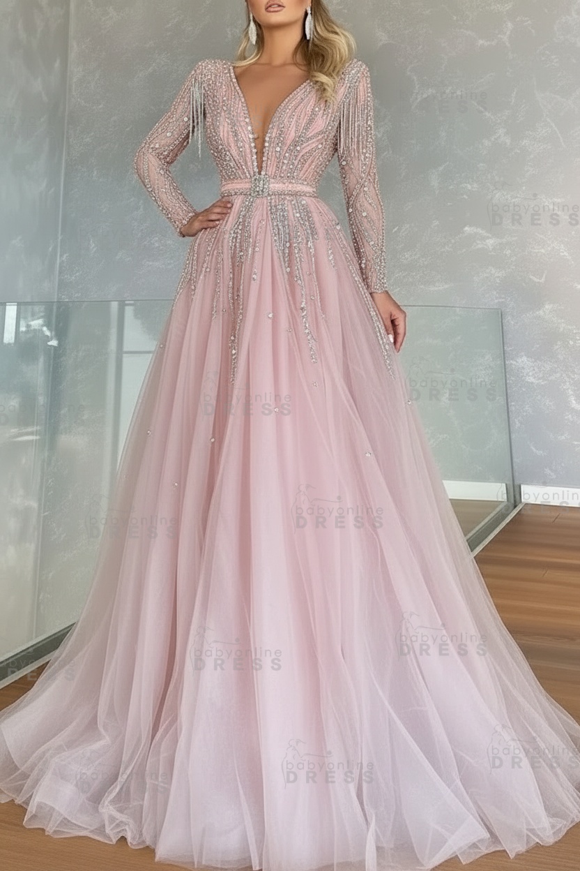 Long Sleeves V-neck Ball Gown A-line Prom Dress with Beadings