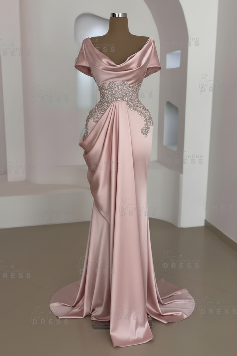 Short sleeves Mermaid Round neck Gray Prom Dresses