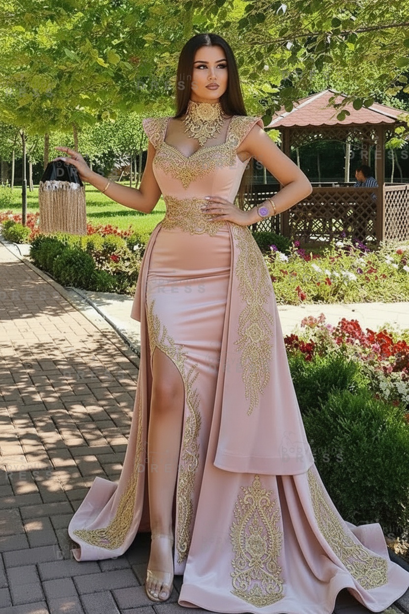 Dark Green Velvet Mermaid Evening Dress with Gold Lace appliques