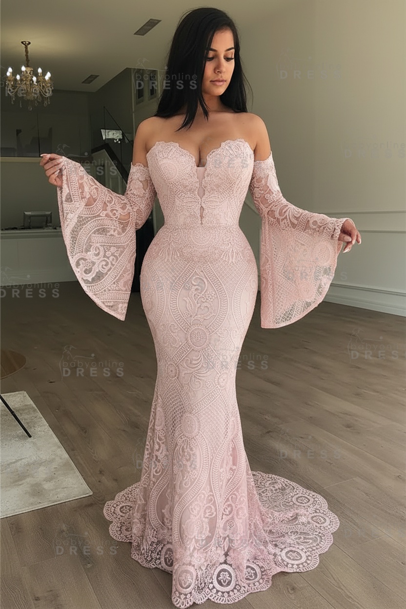 Off-the-Shoulder Long Sleeves Lace Floor-Length Mermaid Evening Dress