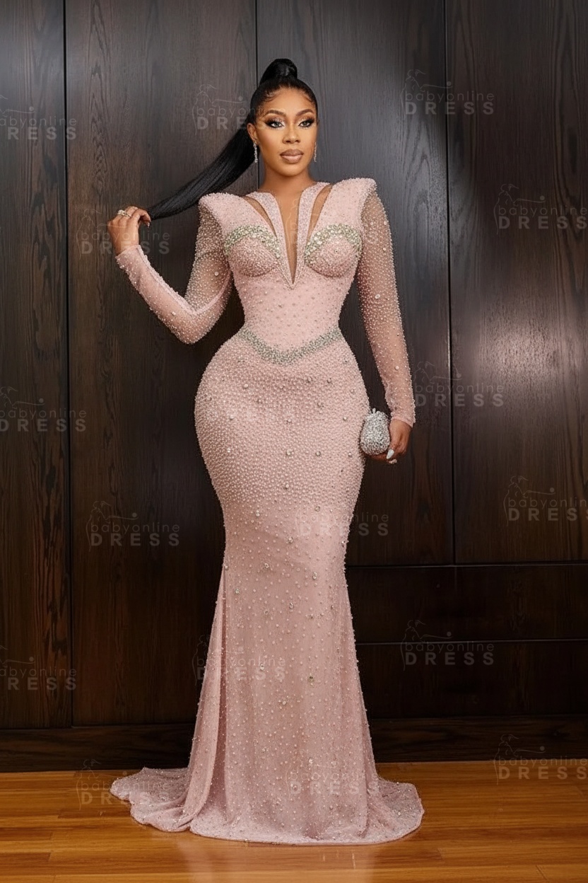 Green V-Neck Beadings Long Sleeves Floor-Length Mermaid Prom Dress