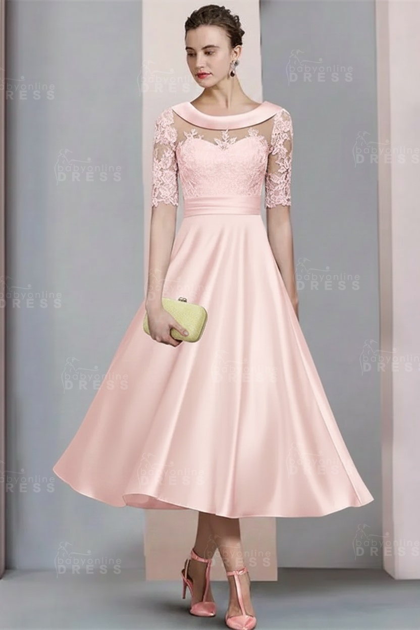Elegant Ivory Jewel Lace Beading A-Line Tea Length Satin Wedding Guest Dress Formal Mother Dress