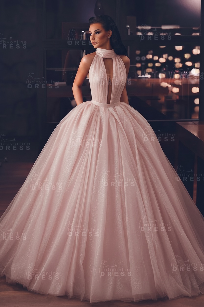 Sexy High-Neck Sleeveless Ball Gown Evening Dress with Pockets