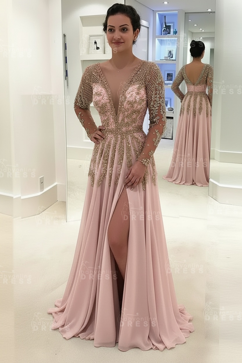 Glamorous V-Neck Long Sleeves Prom Dresses | A-line Crystal Side Slit Evening Gowns