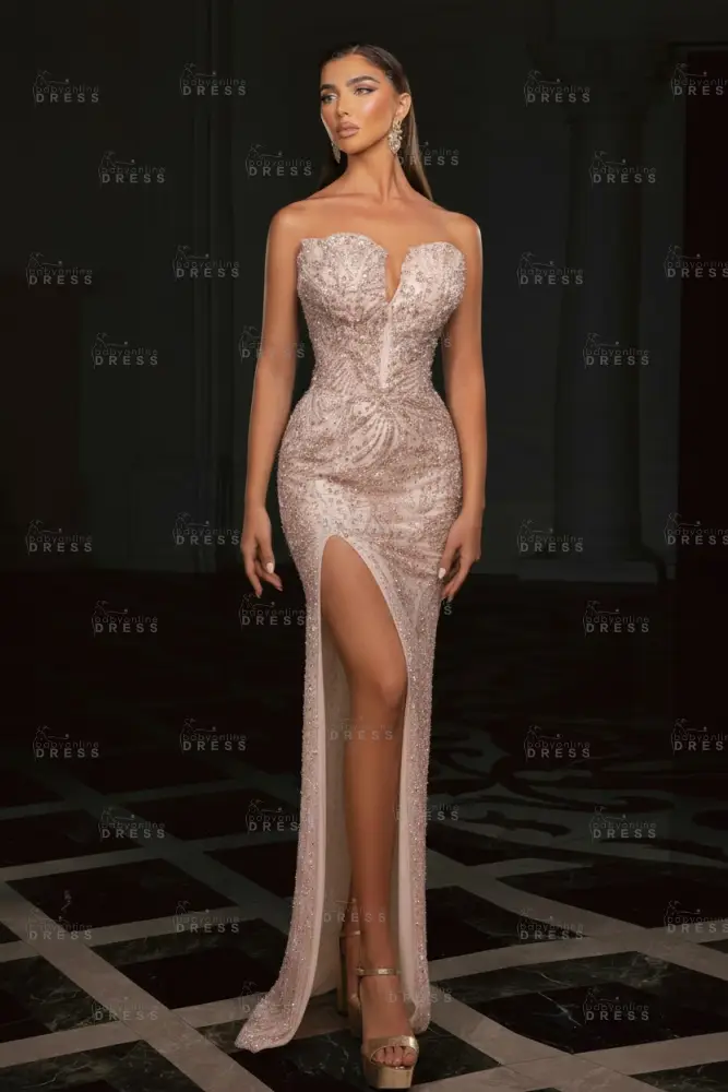 Gold Strapless Sequins Beading Split Front Column Prom Dresses