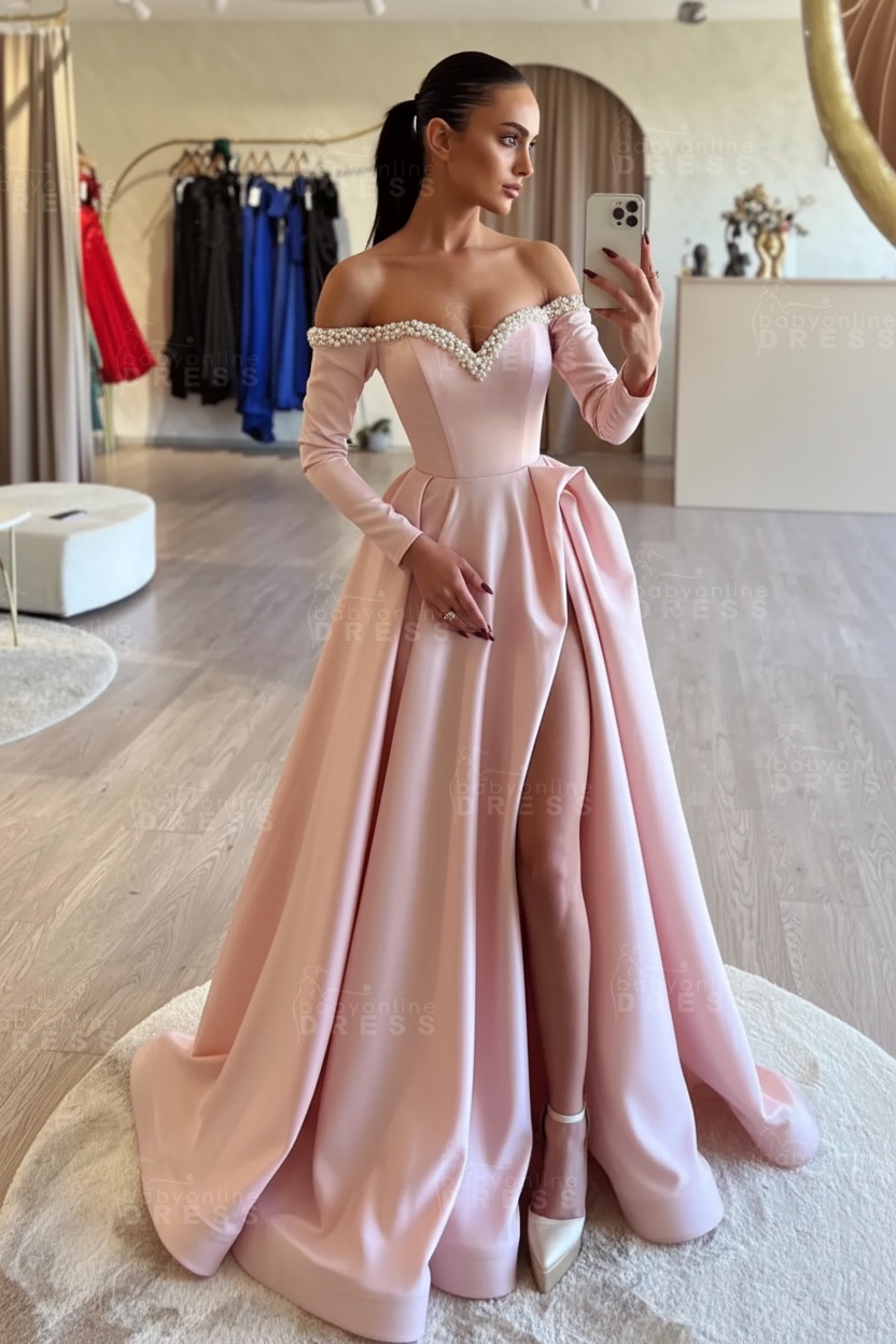 Long sleeves Pearls A-line Princess Front Split Black Prom Dresses