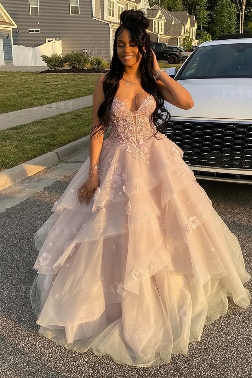 Sleeveless V-Neck Tulle Aline Prom Dress Floral Tiered Ruffles Corset Evening Dress