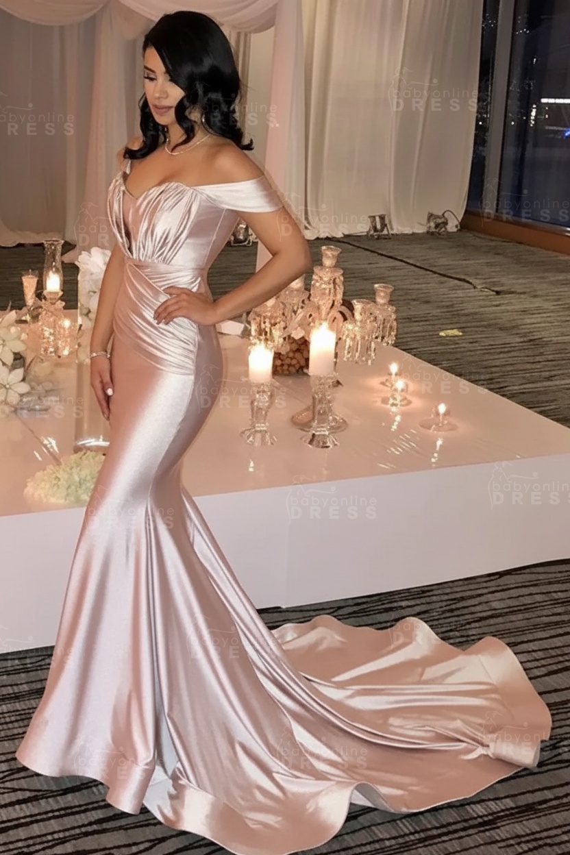 Off The Shoulder Champagne Gold Sexy Prom Dresses Mermaid Lates Popular Evening Gown