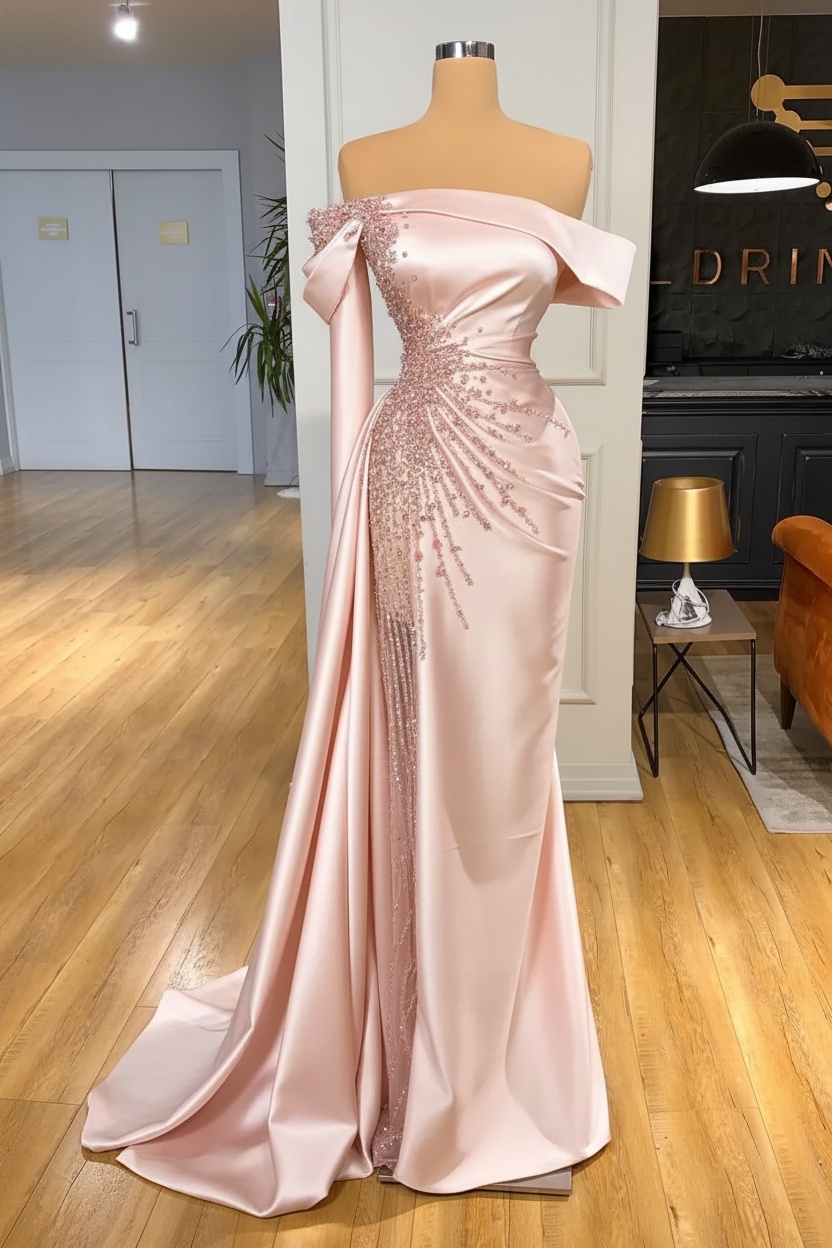 Off-the-Shoulder Satin Floor Length Prom Dress with Side Slit
