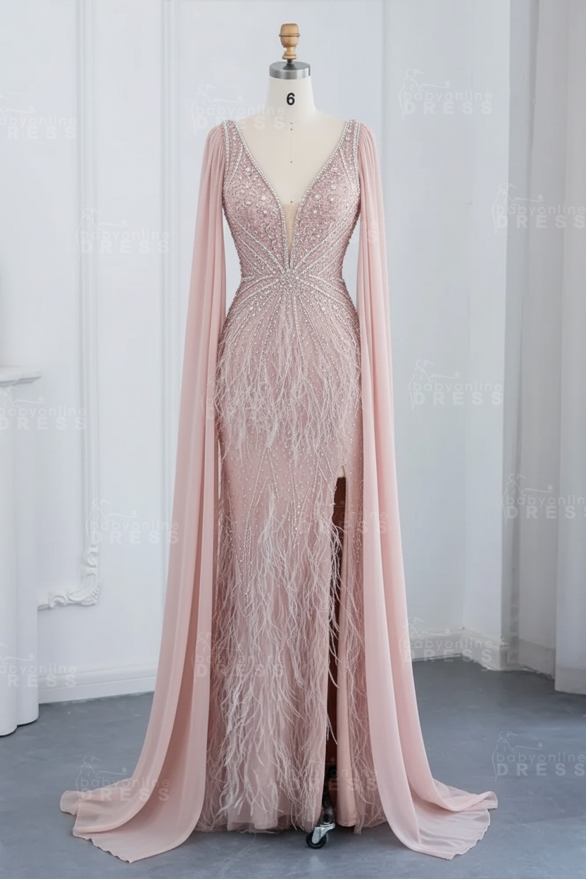 Glamorous V-Neck Fur Beadings Front Slit Mermaid Evening Gowns with Tulle with Cape Sleeves Wedding Party Dress