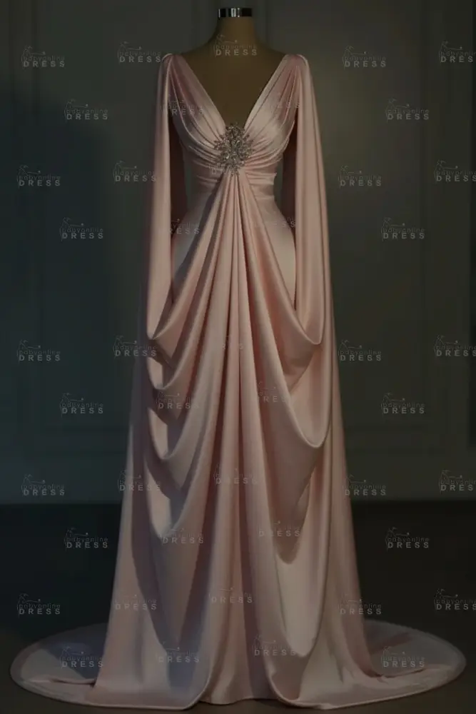 Long sleeves V-neck Satin Ruffles Mermaid Prom Dresses Floor-Length