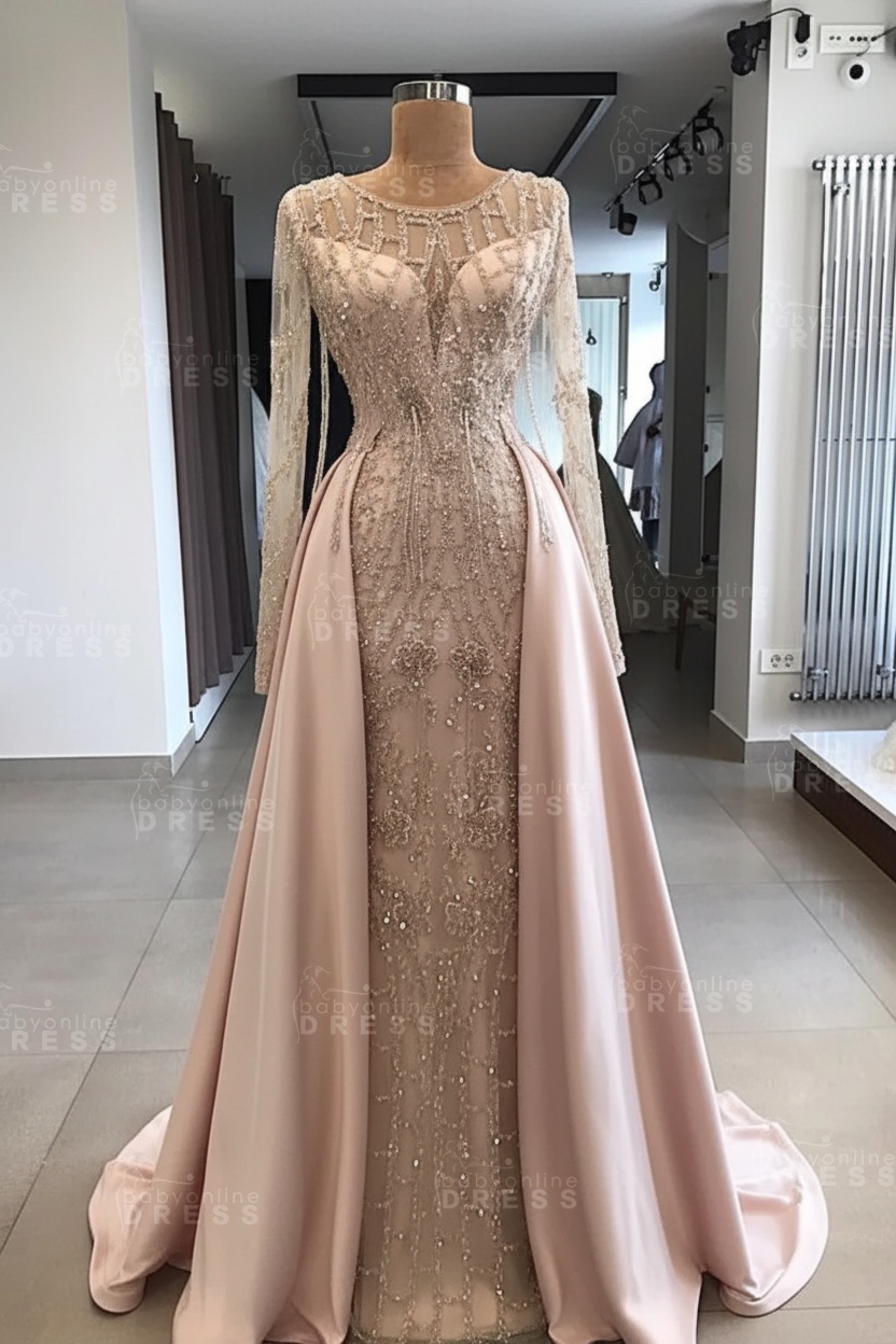 Shining Beaded Long Sleeves Round Neck Prom Dresses With Over Skirt | A Line Evening Gowns