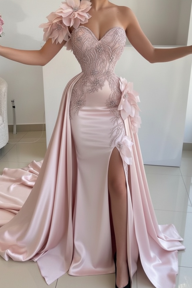 Flowers One shoulder Mermaid Long Prom Dresses with High Split
