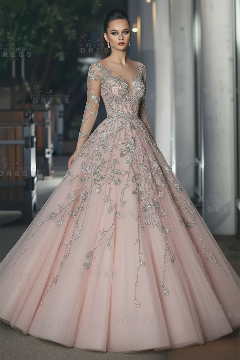 Stunning Illusion Long Sleeve Sexy Evening Gowns | A-line Lace Appliques Tulle Prom Dress