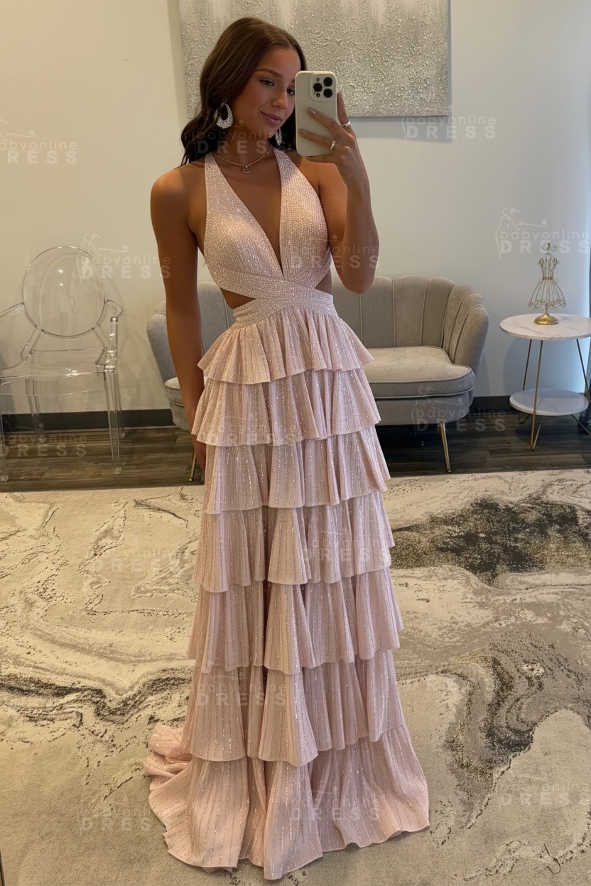 Halter Aline Prom Dress Sequined V-Neck High Split Evening Dress Long