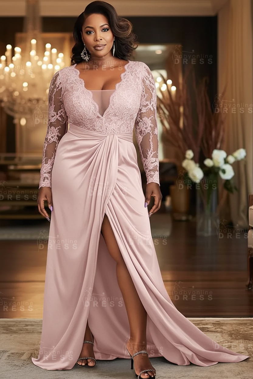V-neck Appliques Lace Long Sleeve A-Line Prom Dresses with Slit
