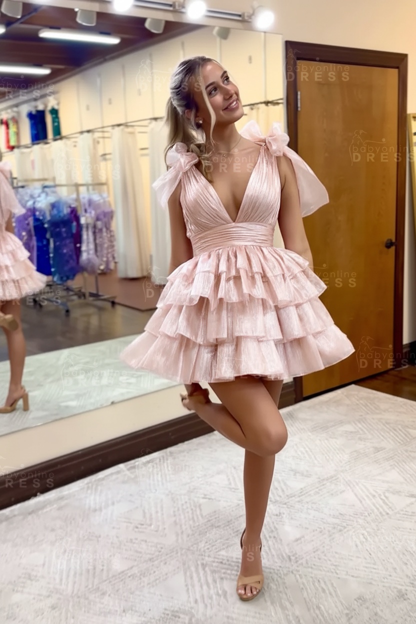 Fuchsia V-Neck Straps Ruffled A-Line Short Homecoming Dress