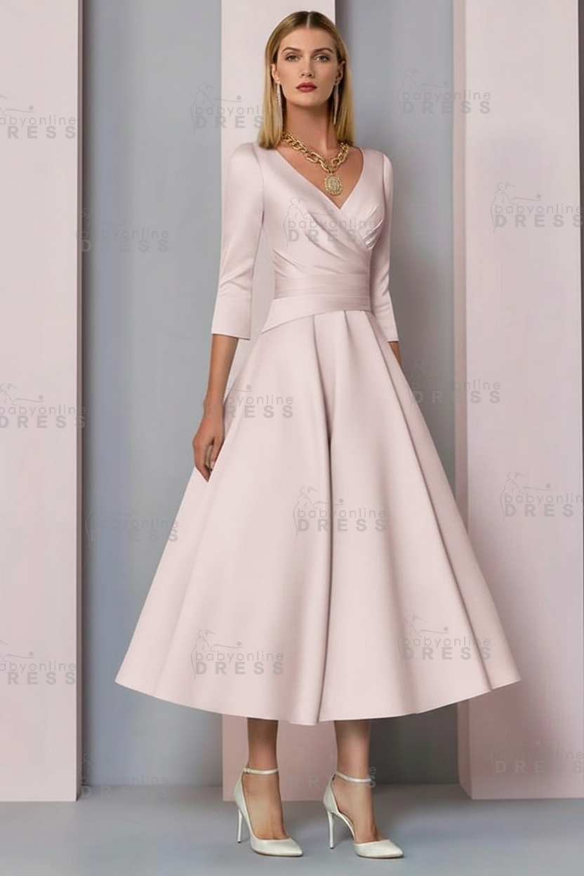 Half Sleeves White Ankle Length Mother of the Bride Dress V-Neck Satin Wedding Guest Dress