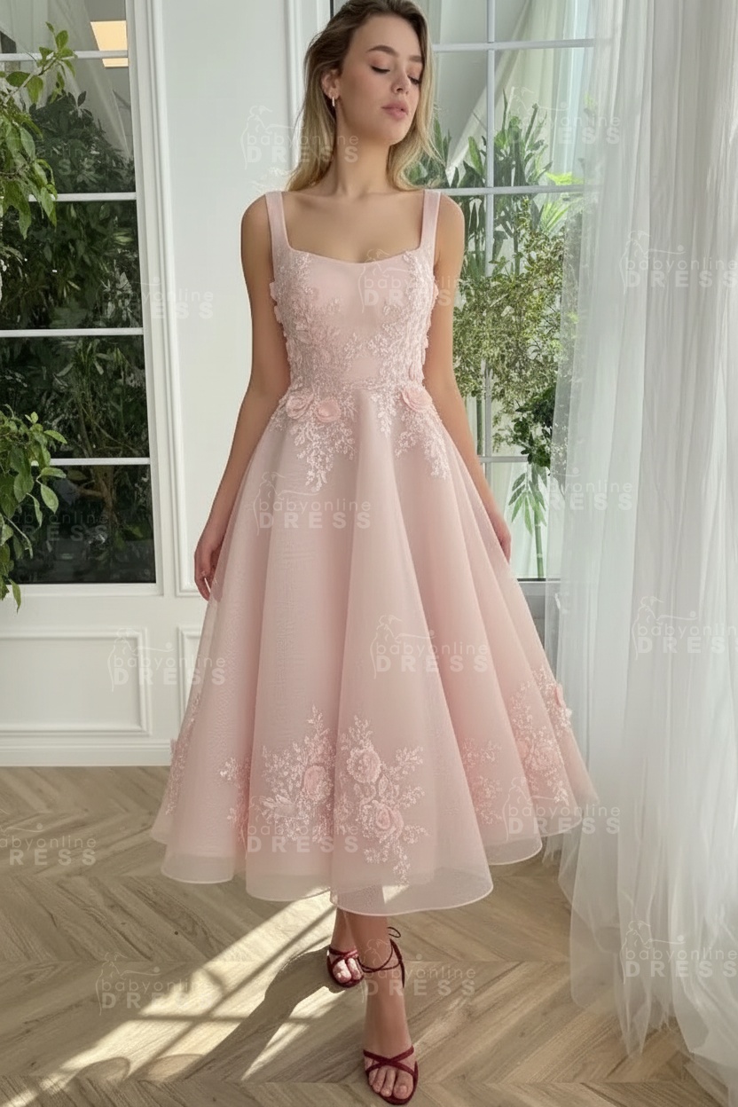 Burgundy Ankle length square neck Homecoming Dress Tulle Aline Formal Dress