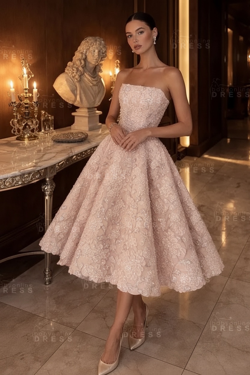 Strapless Yellow Floral A-Line Tea Length Prom Dress with Beadings