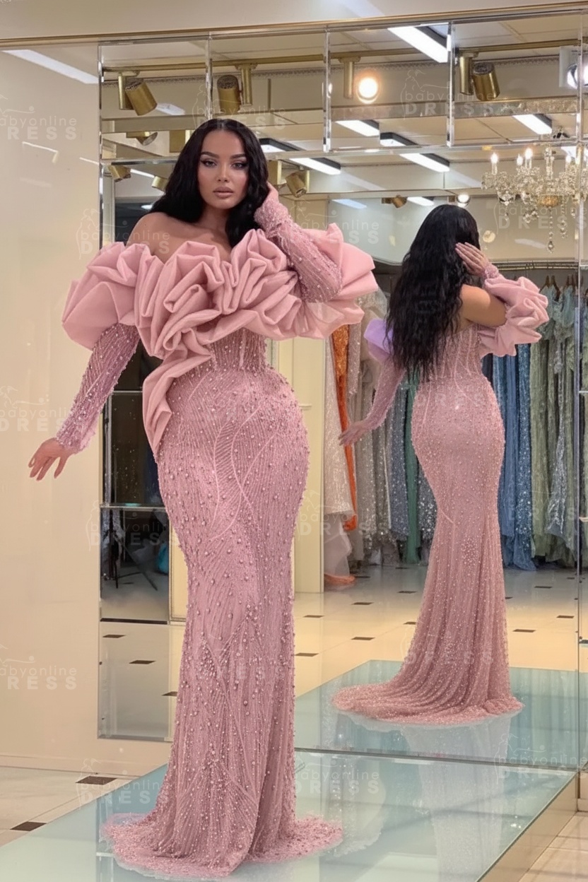 Bubble Sleeves Long Mermaid Prom Dress with Sequins and Beadings