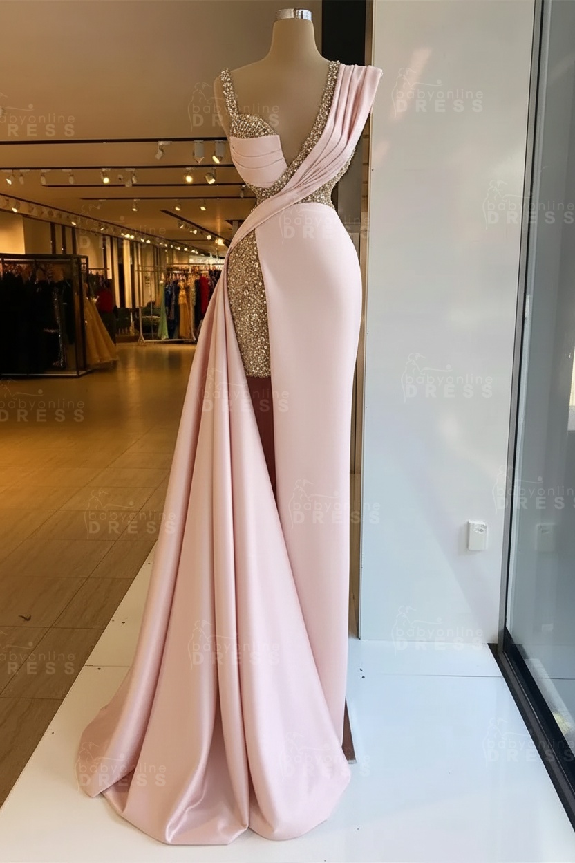 Luxury Satin Prom Dress Sleeveless with Sequins Sleeveless Evening Gown