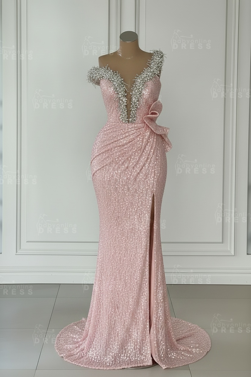 One Shoulder Sequins Sleeveless Long Mermaid Prom Dress