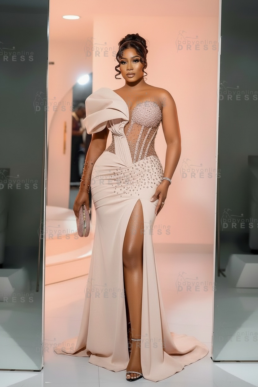 One-Shoulder Long Sleeves Corset Beadings Mermaid Prom Dress with High Split
