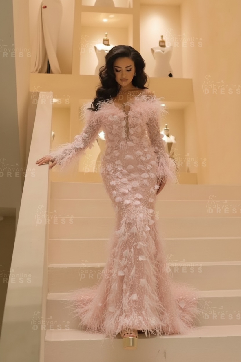 V-neck Long Sleeves Mermaid Evening Dresses Floor Length with Flowers