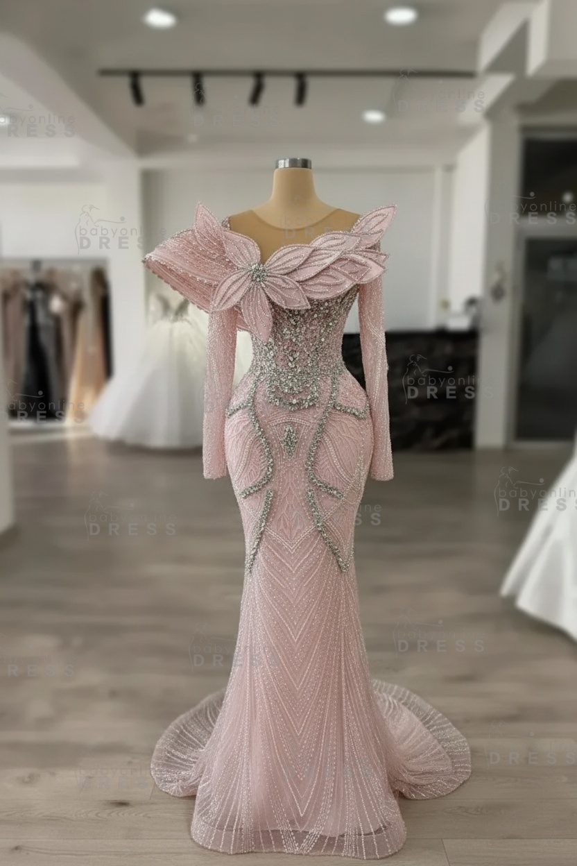 Luxury Crystals Long Sleeves Floor-Length Mermaid Prom Dress with Flowers 