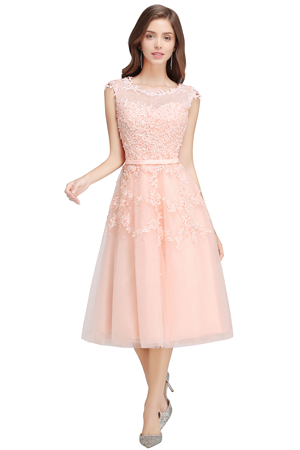 EMORY | A-Line Crew Tea Length Lace Appliques Short Prom Dresses