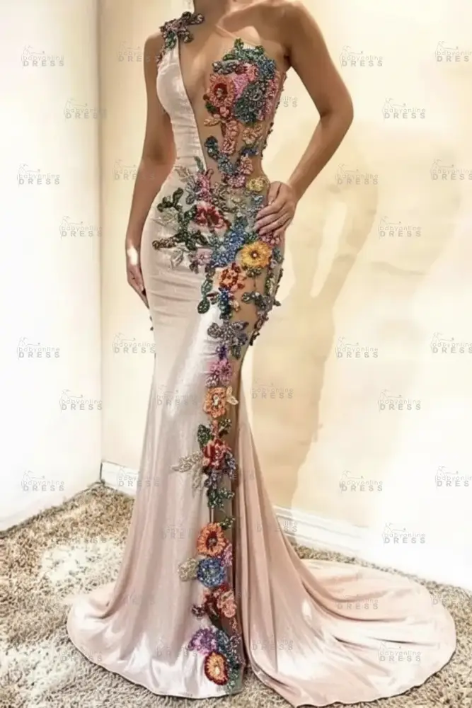 Amazing One-Shoulder Floral Pattern Beadings Floor-Length Mermaid Prom Dress 