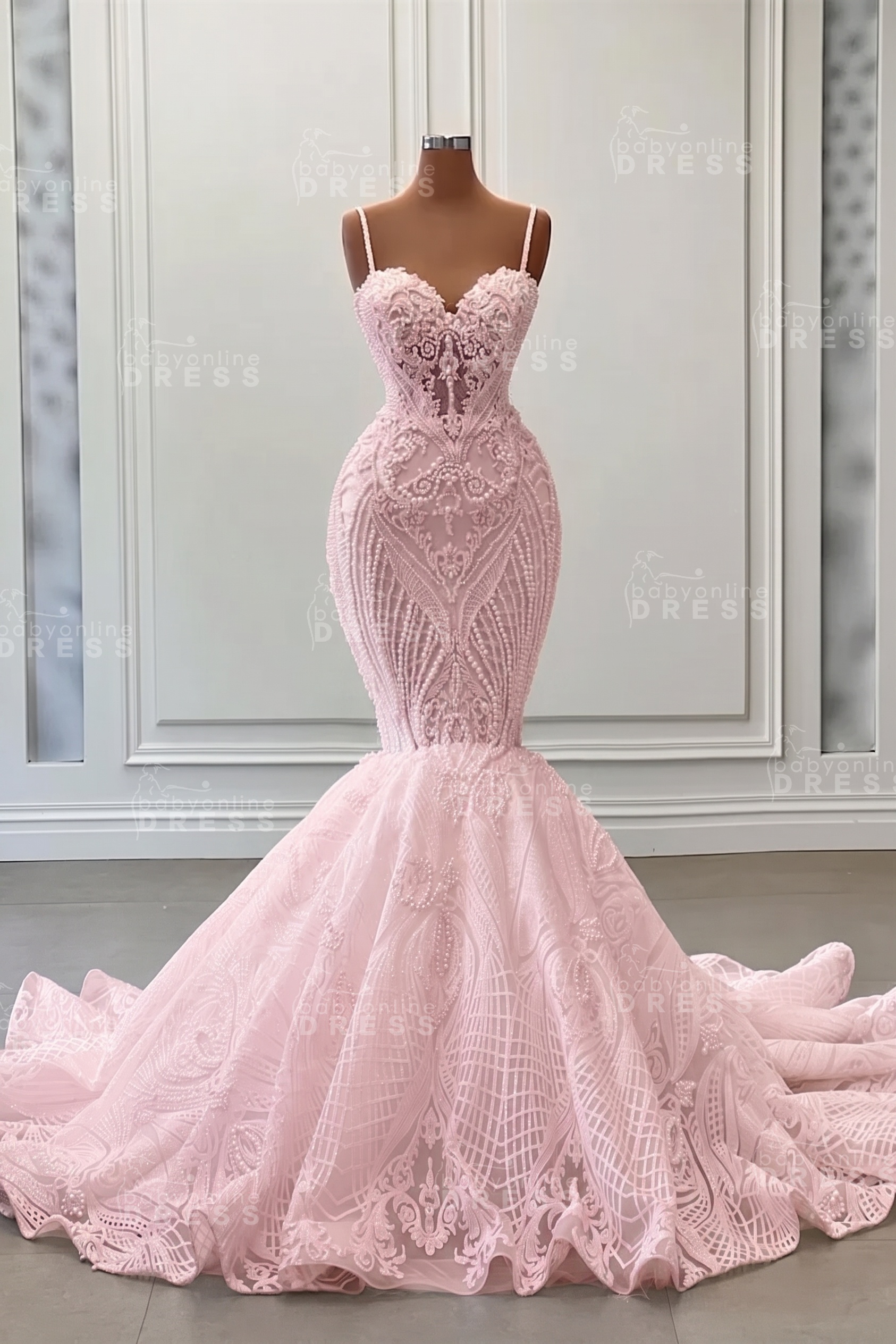 Charming Spaghetti Straps Lace Beaded Long Mermaid Wedding Dress