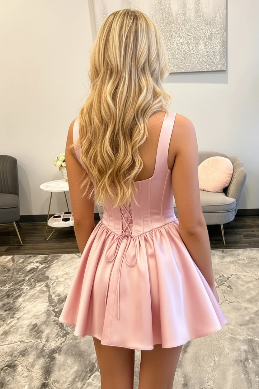 Pink Straps Satin Corset Lace-up A-Line Short Homecoming Dress