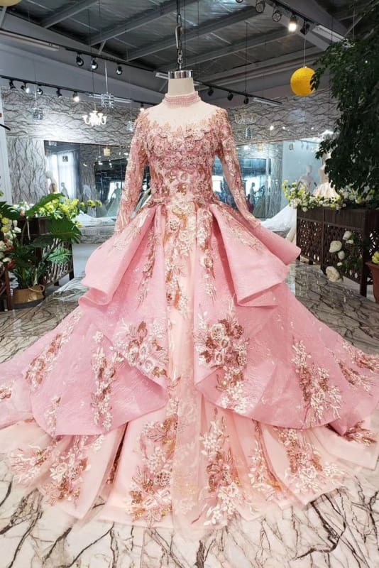 Latest Affordable Chic Pink New Prom Dresses Long Sleeves Ball Gown With Applique&Beads Quinceanera Dress - Prom Dresses