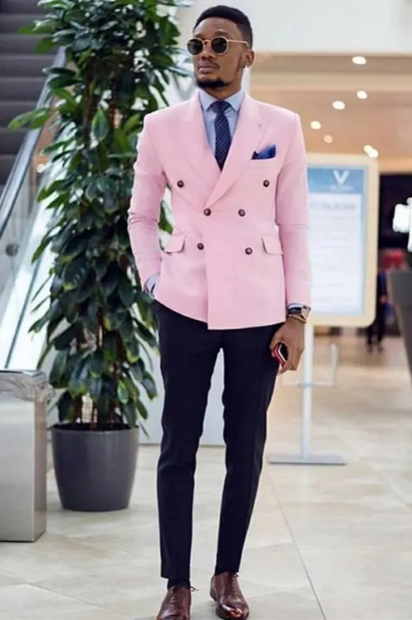 Double Breasted Peaked Lapel Pink Mens Prom Suits Two Piece