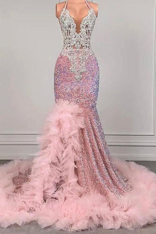 Pink Sequin Silver Appliques Ruffles Split Prom Dresses