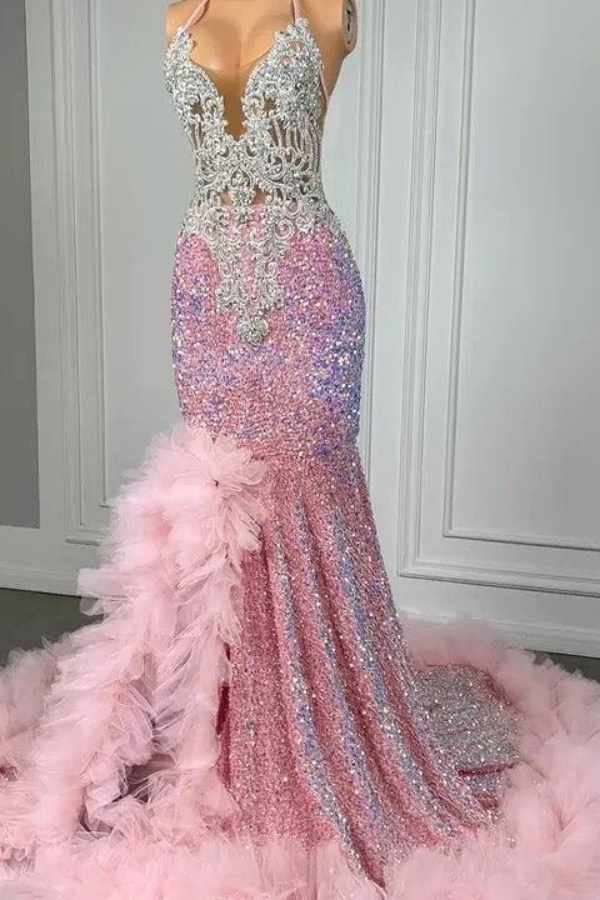 Pink Sequin Silver Appliques Ruffles Split Prom Dresses