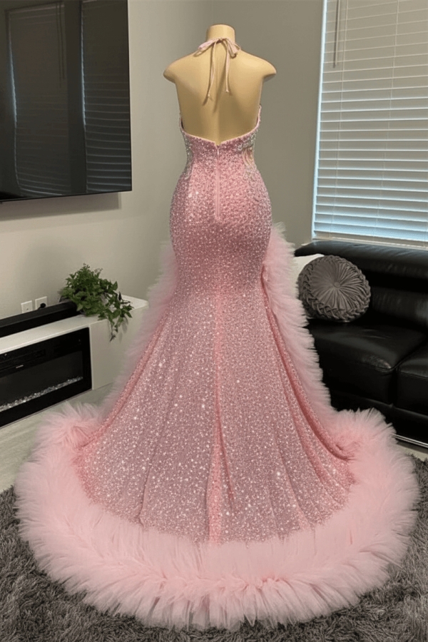 Pink Sequin Silver Appliques Ruffles Split Prom Dresses