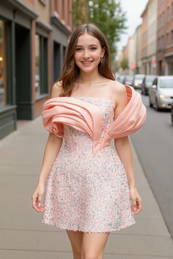 Sequins Pink Short Party Dress Spaghetti Straps Mini Homecoming Dress with Bow