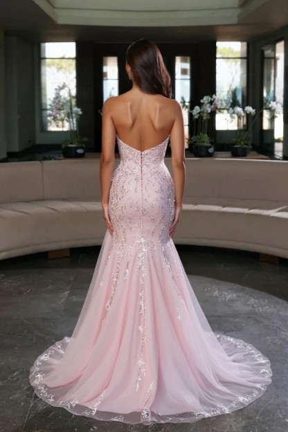 Pink Sparkly Sequins Side Slit Evening Dress Strapless Tulle Prom Gown