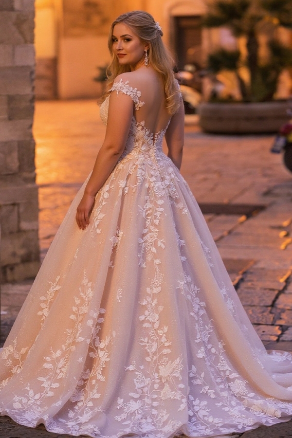 Modest Aline Wedding Dress Cap Sleeves Floral Tulle Lace Floor Length Bridal Dress