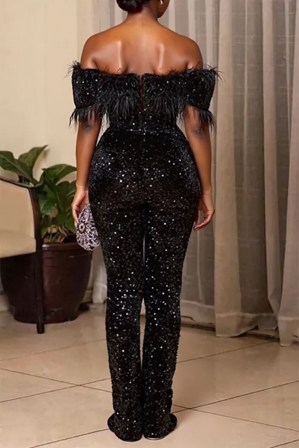 Plus Size Off Shoulder Sequin Women Jumpsuit Black Long Party Jumpsuits
