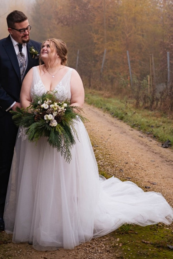 V-Neck A-Line Tulle Plus Size Wedding Dresses