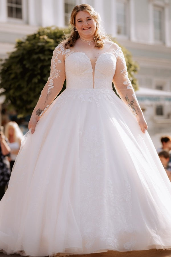 A-Line Tulle Long Sleeves Plus Size Wedding Dresses 