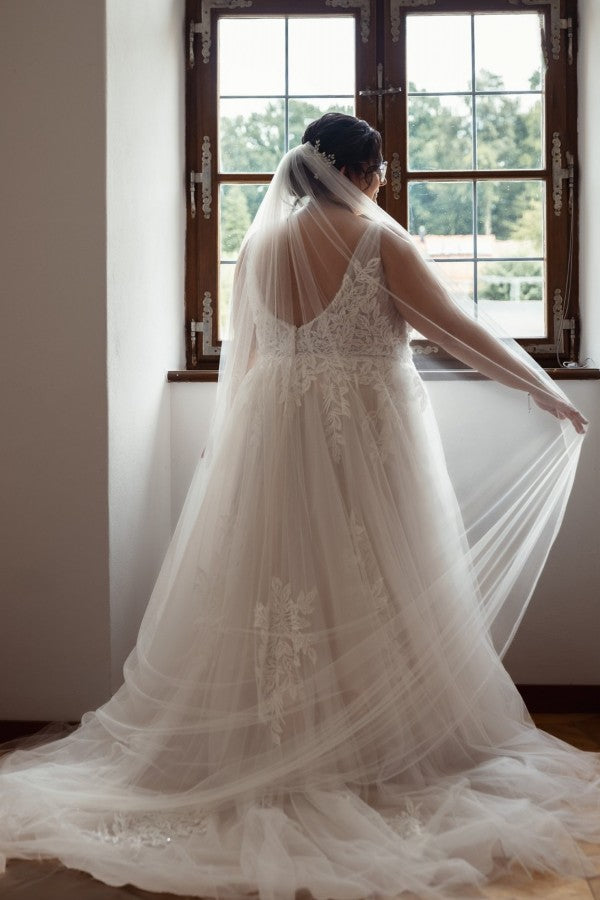 V-Neck A-Line Tulle Plus Size Wedding Dresses with Applique
